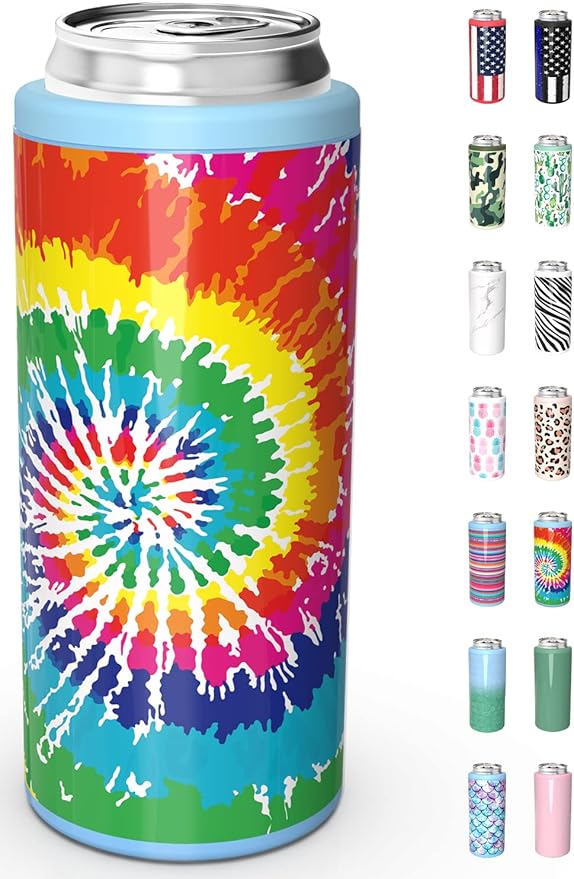 TILUCK Skinny Can Cooler for Slim Beer & Hard Seltzer, Stainless Steel, Doucle-Walled Stainless Steel Insulated Slim Cans, Standard 12 oz (Spinning Rainbow)