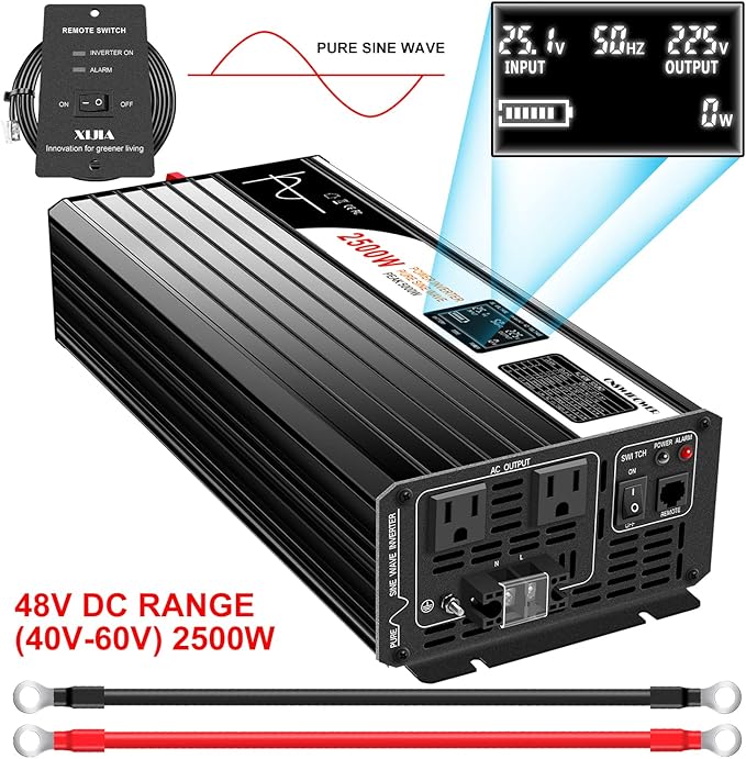 Xijia 2500W Pure Sine Wave Inverter，48V to 120V AC Converter for Home，Solar Systems，Remote and Bluetooth Control for Truck，Camping，with 2 US AC Socket，Surge Power 5000W