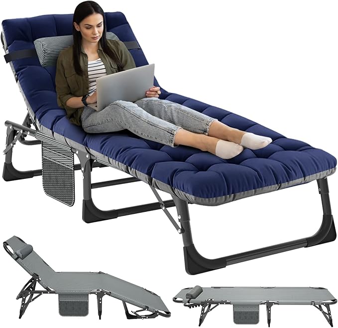 NAIZEA Folding Camping Cot W/Mat for Adults, Adjustable Lounge Chair Outdoor, Heavy Duty Sleeping Cot Bed, Travel Camp Cots for Pool, Beach, Patio Sunbathing