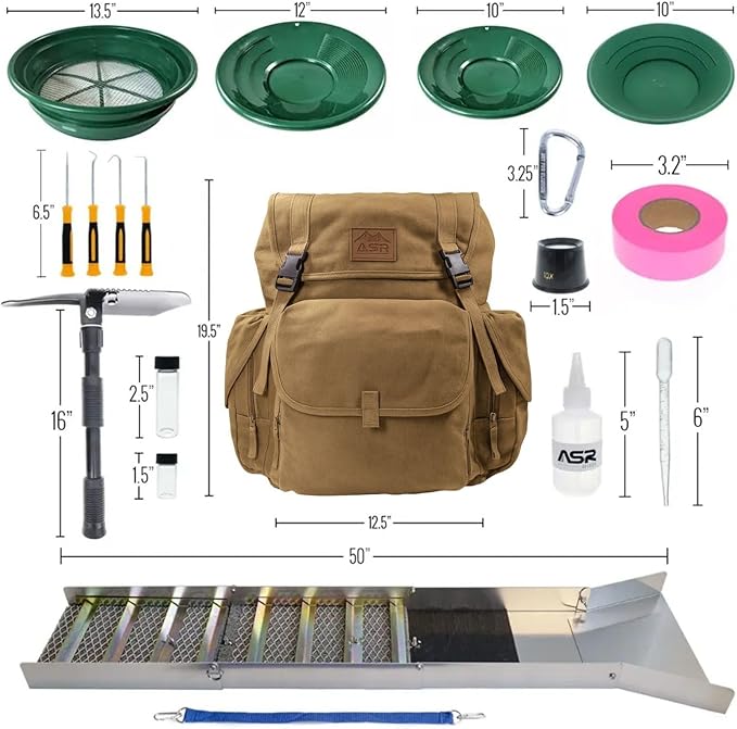 ASR Outdoor 24pc Deluxe 50" Backpack Folding Gold Sluice Box Kit Gold Prospecting Equipment Set, Khaki