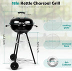 HaSteeL 18 Inch Charcoal Grill, Black Kettle Outdoor Barbecue Grill, 2-In-1 Portable BBQ Grill with Wheels for Camping Backyard Patio Picnic, Porcelain-Enameled Lid & Fire Bowl, 254.SQ.IN Cooking Area