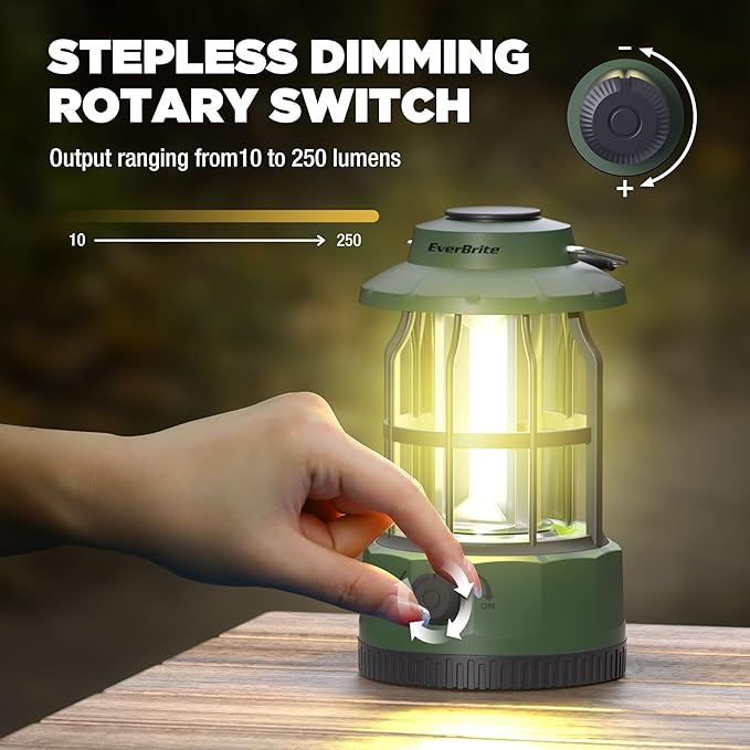 EverBrite LED Camping Lantern, USB C Rechargeable Lantern with Stepless Dimming, Vintage Portable Camping Lights & Lanterns, Lanterns for Power Outages, Hurricane, Emergency, Fishing, Home and More