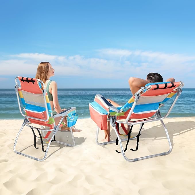 VINGLI Tall Beach Chair 2 Pack Lightweight, Backpack Beach Chair for Adults with 5-Position, Cooler Bag, Cup Holders, Towel Bar, Folding Beach Camping Chairs（16“-Rainbow）