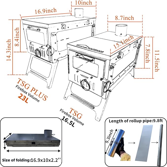 DANCHEL OUTDOOR TSG Portable TA1 Titanium Tent Wood Stove for Backpacking Camping, Collapsible Hot Tent Stove Rollable Chimney Pipe Cooking Hiking (Small/Large)