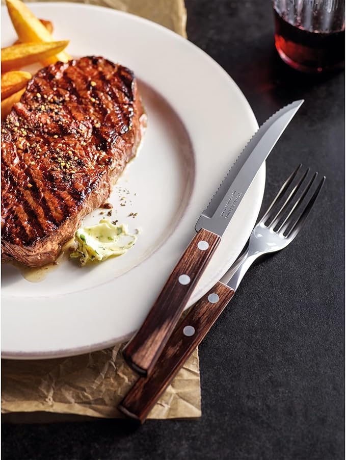 Tramontina Cutlery Set with Steak Knives, 24 Piece Sharp Knife, Forks, Teaspoons, Tablespoons with Wooden Handles, ‎Camping, Kitchen, Rustic, Dishwasher Safe, 21199905
