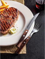 Tramontina Cutlery Set with Steak Knives, 24 Piece Sharp Knife, Forks, Teaspoons, Tablespoons with Wooden Handles, ‎Camping, Kitchen, Rustic, Dishwasher Safe, 21199905