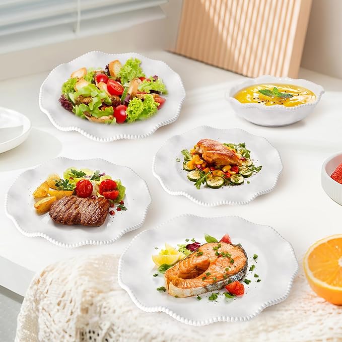Melamine Dinnerware Sets Service for 4, Cream Plates and Bowls Set with Beaded Edge, BPA Free Dishwasher Safe, Heavy Duty Shatterproof Unbreakable Tableware for Wedding Party Camping Outdoor