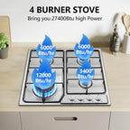 Gas Stove Top 4 Burner, 23 Inch Gas Cooktop for NG/LPG Convertible, Stainless Steel Stove with Thermocouple Protection for Outdoor Kitchen, Camping, Total 27400BTU