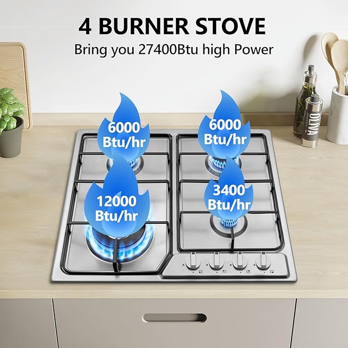 Gas Stove Top 4 Burner, 23 Inch Gas Cooktop for NG/LPG Convertible, Stainless Steel Stove with Thermocouple Protection for Outdoor Kitchen, Camping, Total 27400BTU