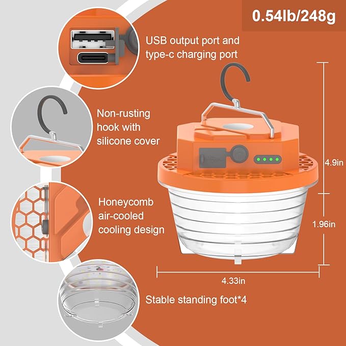 Rechargeable Camping Light , Cute Pine Cones Camping Lights Set for Kids, 1200LM，4800mAh Rechargeable Led Lantern with 4 Modes, Portable Camping Light for Tent,Lightweight Tent Lamp(Orange)