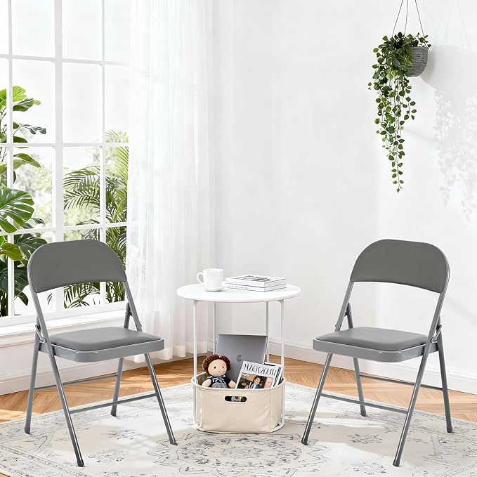 DUMOS 6 Pack Folding Chairs with Padded Cushion and Back - PU Leather Stackable Portable Dining Chiars Set, for Home and Office, Conference, Wedding, Party, Patio, Garden, for Indoor Outdoor, Grey
