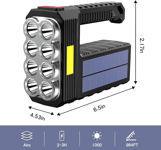 8 LED Solar Flashlight with COB Sidelight, 1000 Lumens Solar Powered Flashlights, Solar or USB Charging Waterproof Handheld Flashlights with 3 Modes for Fishing Outdoor Camping Emergencies