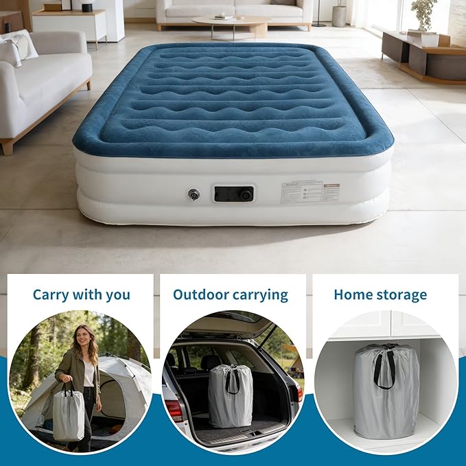 air Mattress Queen with Built in Pump 14 Inch Portable Inflatable Mattress Deluxe Flocking Inflatable Mattress for Temporary Guest Accommodation, Camping, and Home use MAX is 660 pounds