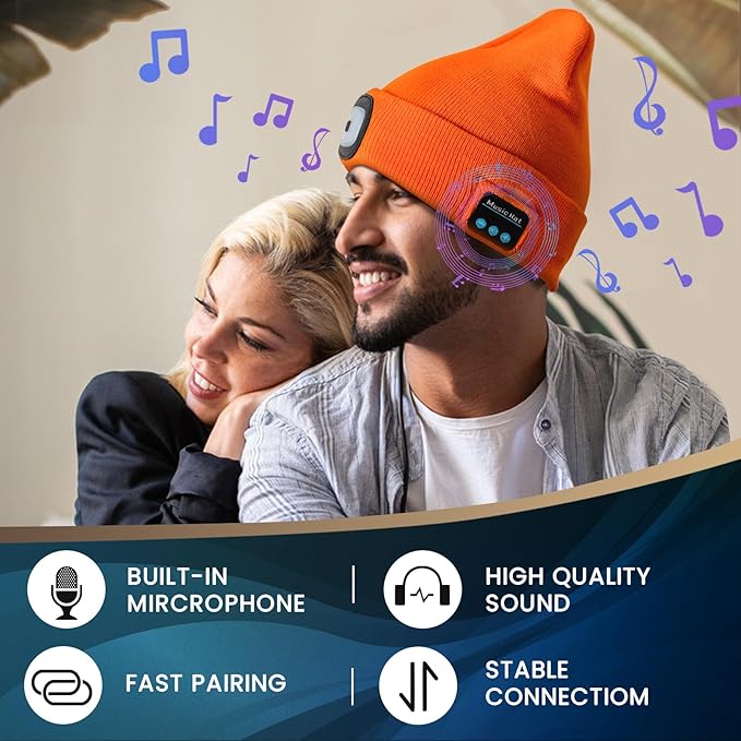 VIBELITE Bluetooth Beanie Hat with Light, Gifts for Men, USB Rechargeable LED Headlamp with Wireless Headphones,Birthday Gifts for Men, Dad, Him, Teen Boys, Husband, Women, Boyfriend, Orange