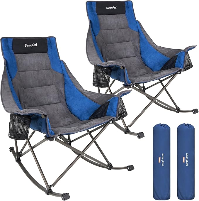 SUNNYFEEL Rocking Camping Chair 2 Pack Fully Padded Patio Folding Chair Portable Oversized Outdoor Rocker High Back Lawn Recliner with Side Pocket Camp Rocker Chairs for Adults Heavy Duty 500 LBS Blue