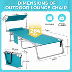 #WEJOY Folding Tanning Chair with Canopy Shade, Portable Adjustable 5-Position Patio Chaise Lounge with Pillow & Storage Pocket for Lay Flat Outdoor Lawn Backyard Beach Camping Pool (Cyan)