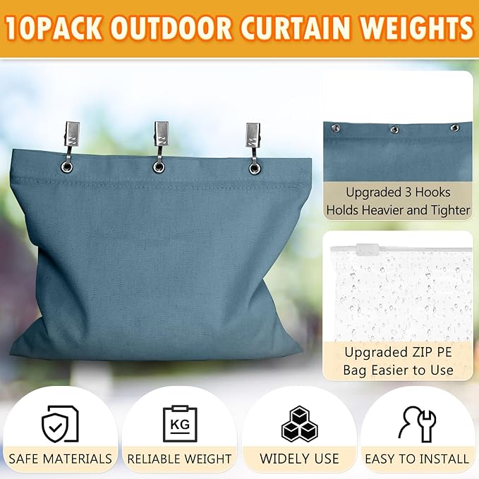 10 Set Outdoor Curtain Weights Upgraded 30 oz High Weighted Sand Bags with 30 Metal Clips for Gazebo Patio Tent Tablecloth 7.5"*8.7" Blue