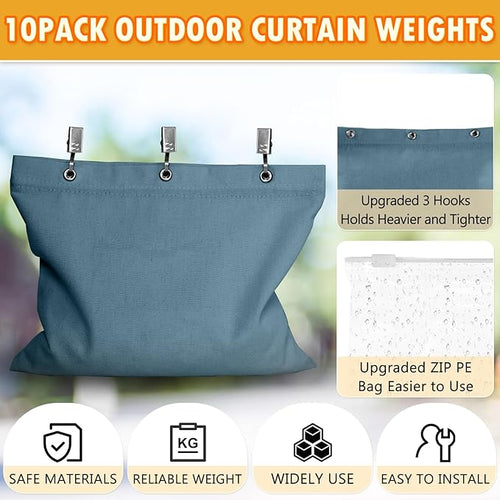 10 Set Outdoor Curtain Weights Upgraded 30 oz High Weighted Sand Bags with 30 Metal Clips for Gazebo Patio Tent Tablecloth 7.5"*8.7" Blue
