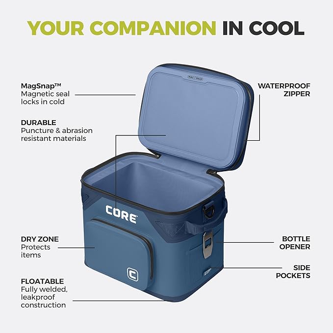 CORE Magnetic Leak Proof Soft Cooler with Waterproof Zipper | Insulated Bag Portable Ice Chest Box | Best Soft Cooler for Food & Beverages for Tailgating, Car Camping, Travel, and Family Beach Picnics