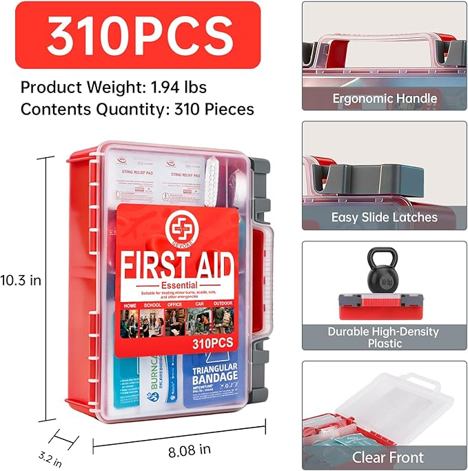 Professional First Aid Kit - 310 Piece HardCase Medical Kit for Home, Car, Camping, Travel, Hiking, Truck, Office, Sports, Vehicle & Outdoor Emergencies