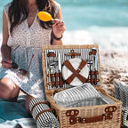 Picnic Basket with Blanket and Wine Pouch for 4, Wicker Picnic Set with Insulated Liner Cooler Bag Hamper for Camping,Wedding - Stripes