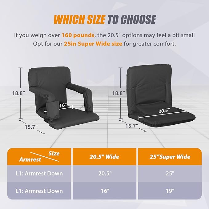 Wide Stadium Seat for Bleachers with Back Support -2 Pack Reclining Adults Camping Stadium Chair Extra Thick Cushion Bleacher Seats Waterproof Black