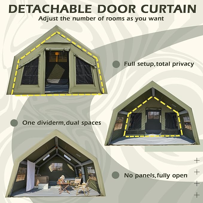YOLENY Inflatable Tents for Camping, 6-12 Person Blow Up Tent with TPU Skylight, Canopy, Mesh Windows, Stove Jack & Pump, 4 Season Large Inflatable Tent, Waterproof & Windproof