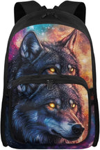 Galaxy Backpack for Men Wolf Bookbag with Lunch Bag Insulated Lightweight Polyester School Bag for Outdoor Camping Travel Casual Book Bag Daypack