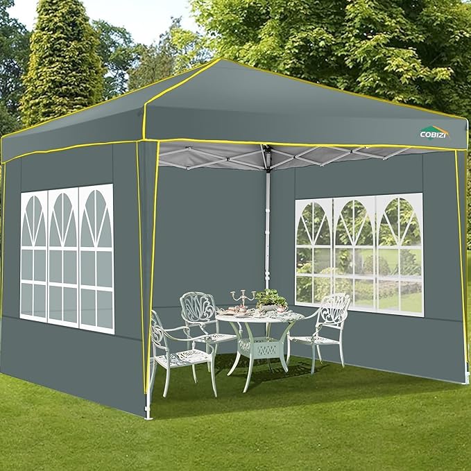 COBIZI 10x10 Pop up Canopy Tent Gazebos, Ez up Canopy 10x10 for Parties Beach Camping Party Event Shelter Sun Shade with 4 Sidewalls & Carry Bag 4 Stakes & Ropes & Sandbags, Grey