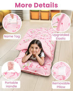 Toddler Nap Mat with Pillow and Minky Blanket, Large 55"x35" Sleeping Bag, Washable, Lightweight, Easy to Roll, Perfect for Preschool, Daycare, Kindergarten, Travel, Boys and Girls-Bow