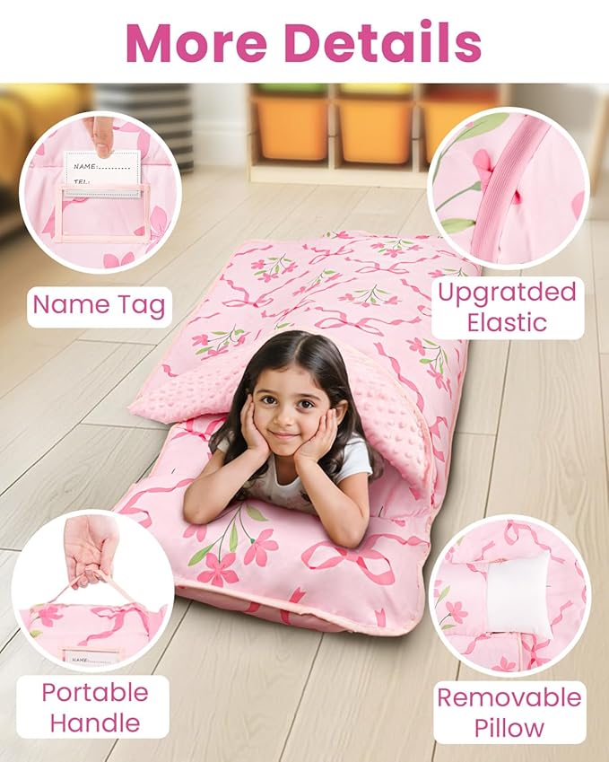 Toddler Nap Mat with Pillow and Minky Blanket, Large 55"x35" Sleeping Bag, Washable, Lightweight, Easy to Roll, Perfect for Preschool, Daycare, Kindergarten, Travel, Boys and Girls-Bow