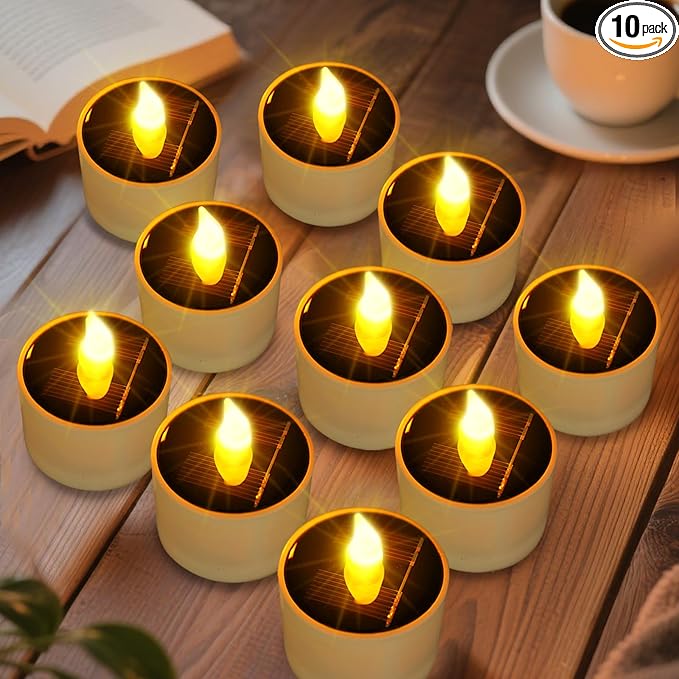 Solar Tea Lights Outdoor - 10 Pack Waterproof Rechargeable Dusk to Dawn Outdoor Lighting Flameless Flicker Reusable LED Solar Candles for Lanterns Camping Garden Home Decorations, 2.3''x2.1''