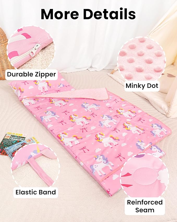Primlect Toddler Thickened Foam Nap Mat with Pillow, Extra Large 55"x35", Soft, Supportive Sleeping Bag with Detachable, Washable Cover, for Sleepover, Home, Travel, Boys and Girls