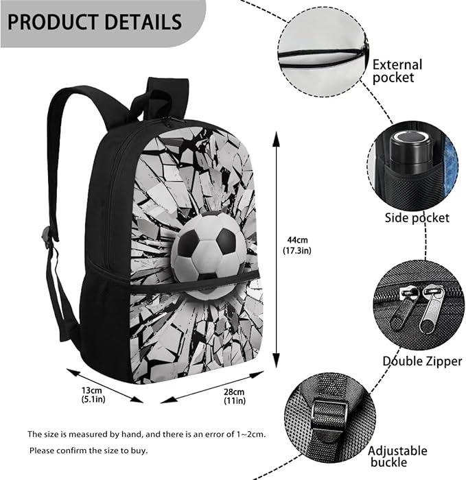 Football Design Book Bag with Portable Lunch Bag and Large Capacity Pencil Box, Lightweight Elementary Kindergarten Schoolbag for Kids Hiking Traveling Festival Gift