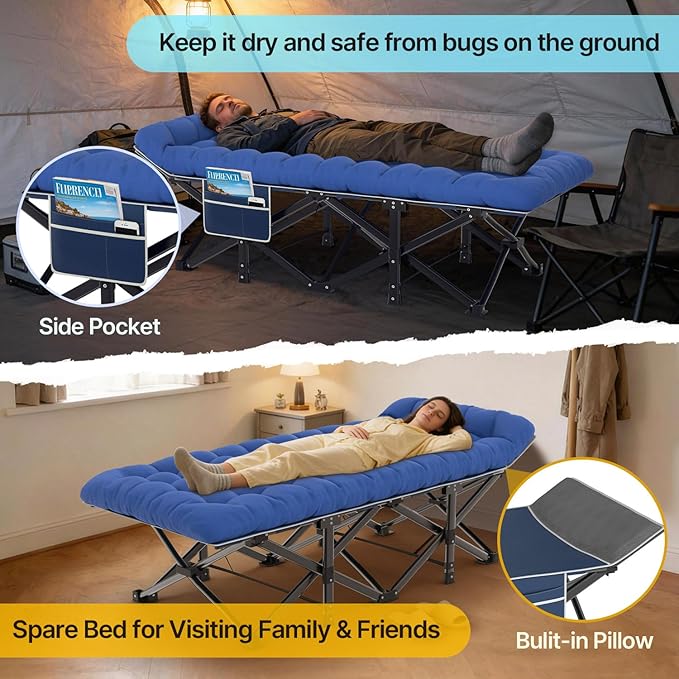 Slendor XXL Folding Camping Cot for Adults with Mattress Pillow Carry Bag, 32 inch Extra Wide Portable Sleeping Cot, 900LBS Support Outdoor Cot Bed for Office Nap Beach Travel RV