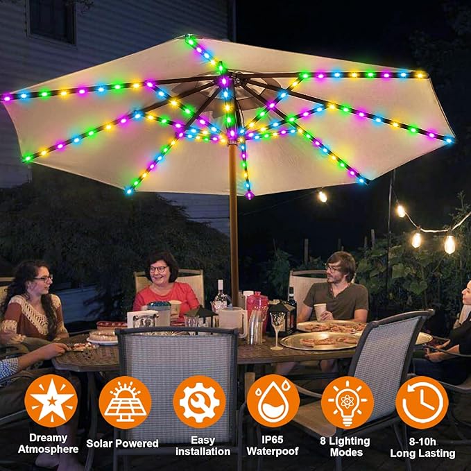 ZNYCYE Solar Umbrella Lights, 8 Strands Patio Umbrella Lights Outdoor with 8 Modes 3V Solar Panel Clip 112 Led Outdoor Waterproof for Beach Deck Garden Camping Tents Party Decoration(Multicolor)