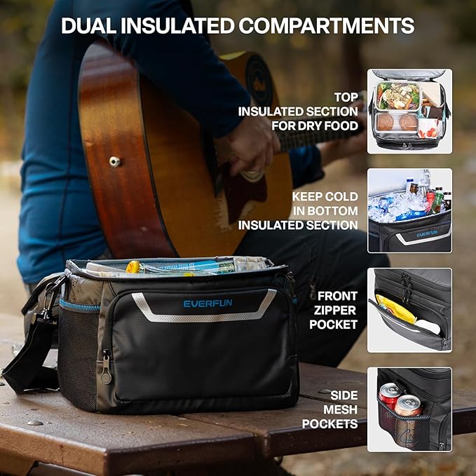 EVERFUN Small Cooler Bag 24 Can Insulated Lunch Box Double Deck Soft Leak-Proof Waterproof Collapsible Ice Chest for Men Women Work Travel Car Trip Picnic Beach