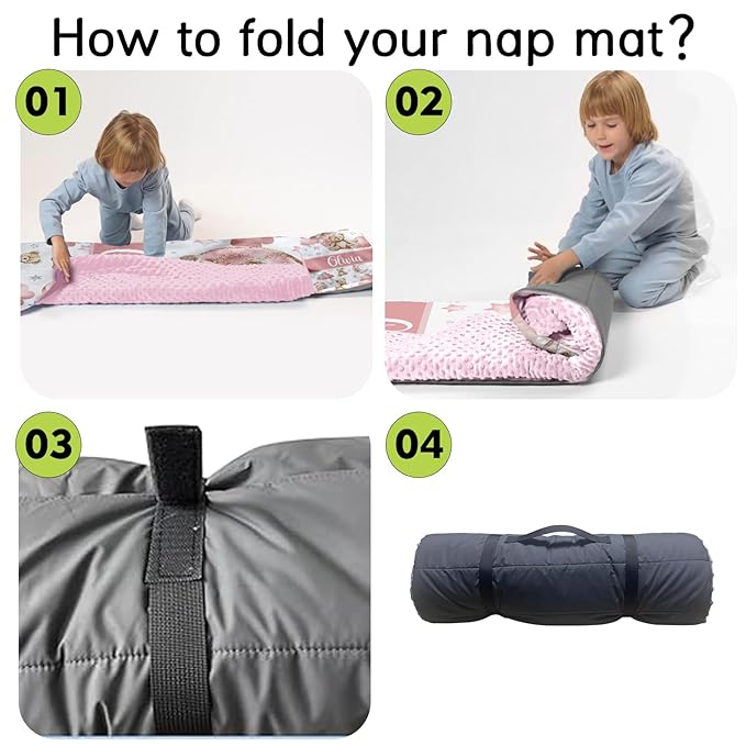 Custom Toddler Nap Mat for Preschool, Personalized Name Pink Kids Sleeping Bag with Bear for Daycare, Roll Up Sleeping Mat with Removable Pillow and Soft Dot Minky Blanke for Girls Camping