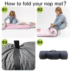 Custom Toddler Nap Mat for Preschool, Personalized Name Pink Kids Sleeping Bag with Bear for Daycare, Roll Up Sleeping Mat with Removable Pillow and Soft Dot Minky Blanke for Girls Camping