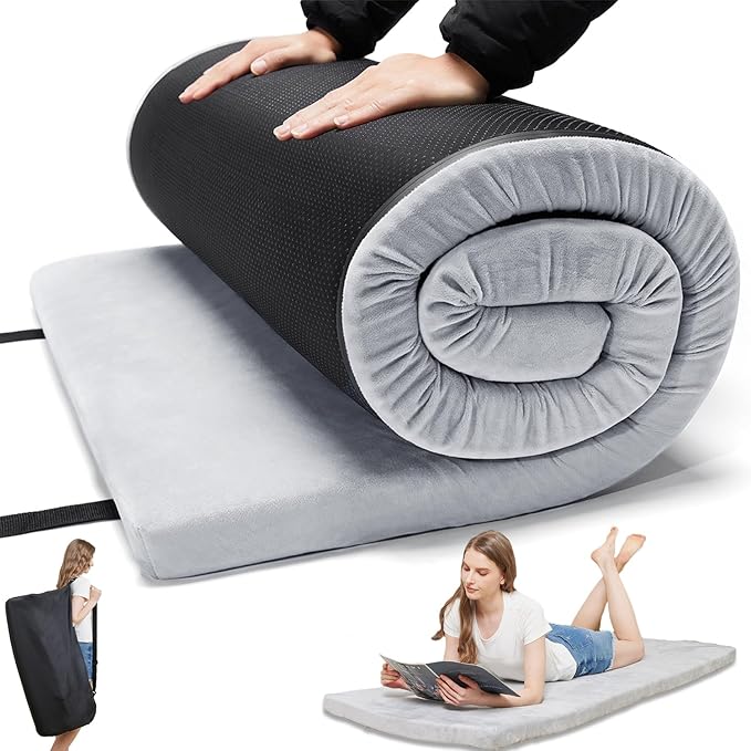 Foam Camping Mattress - Portable Sleeping Pad for Camping, Tent, Car & Floor - Washable Cover & Roll Up Travel Bag - Cot Mattress for Travel & Guests