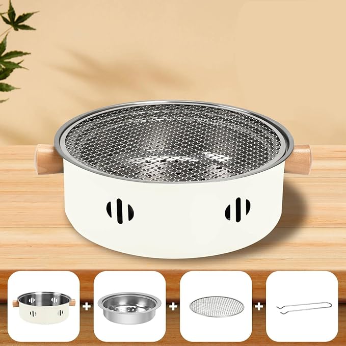 Portable Charcoal Barbecue Grill, 1pc Mini BBQ Grill Multifunctional Charcoal Grill Smokeless Round Tabletop Charcoal Grill for Indoor Outdoor Cooking Home Party Picnic Camping (Beige)