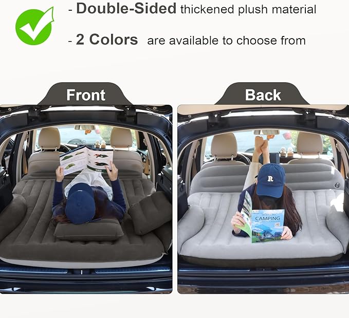 SUV Air Mattress, Double-Sided Thick Flocked Car Air Mattress with Built-in Pump & Pillow, Complete Sleeping Accessories for Auto Camping & Road Trips（Dark Coffee）
