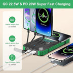 Solar Charger Power Bank 49800mAh Portable solar panels QC 3.0 22.5W Wireless Fast Charging with 6 Outputs for Cell Phones, Built in 4 Cables,USB C Waterproof Battery Pack for Camping,LED Flashlight