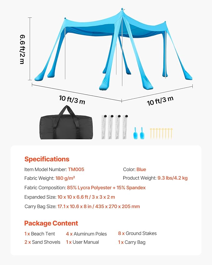 VEVOR Beach Tent Sun Shelter, UPF50+ Sun Protection, 6.6 ft Tall, 10 x 10 ft, Easy Pop Up Beach Canopy with Sandbags, Stability Poles, Sand Shovels, Portable Shade for Family, Camping, Fishing, Blue