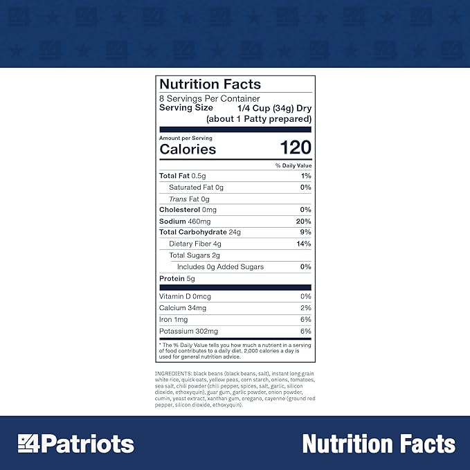 4Patriots Black Bean Burger Mix: Delicious Vegetarian Long-Lasting Survival Food Kit, 48 Servings