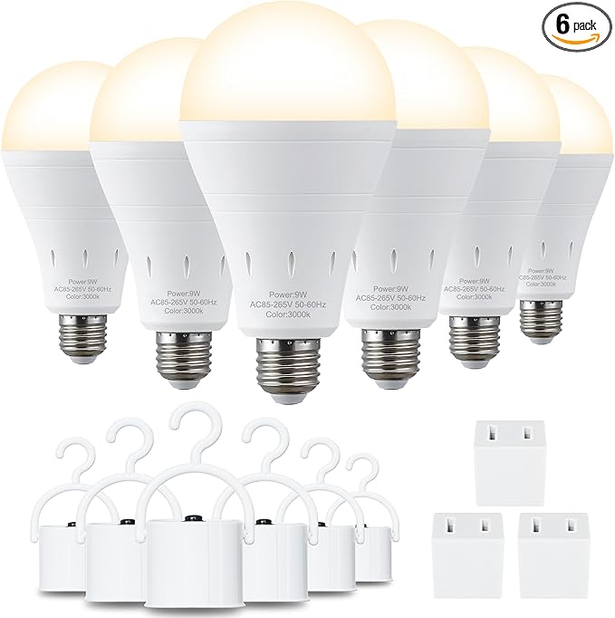 6 Pack Rechargeable Emergency Light Bulbs, Battery Powered LED Light Bulb 3000K Warm E26 120 Volt 9W 60W Equivalent with 1200mAh for Home Power Outage Camping Hurricane