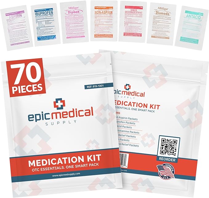 First Aid Kit Medication Refill – 70-Count Unit Dose Packets – Emergency Medicine Kit Pills for 1st Aid Kit Refills, Travel, Office, Dorm, Camping – Assembled in USA (70 Pieces)