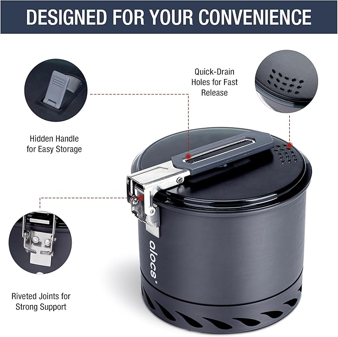 Alocs 1.4L Camping Pot, Lightweight Camping Cookware with Heat Exchanger, Portable Durable Camping Essentials Cooking Set for Backpacking Hiking Traveling