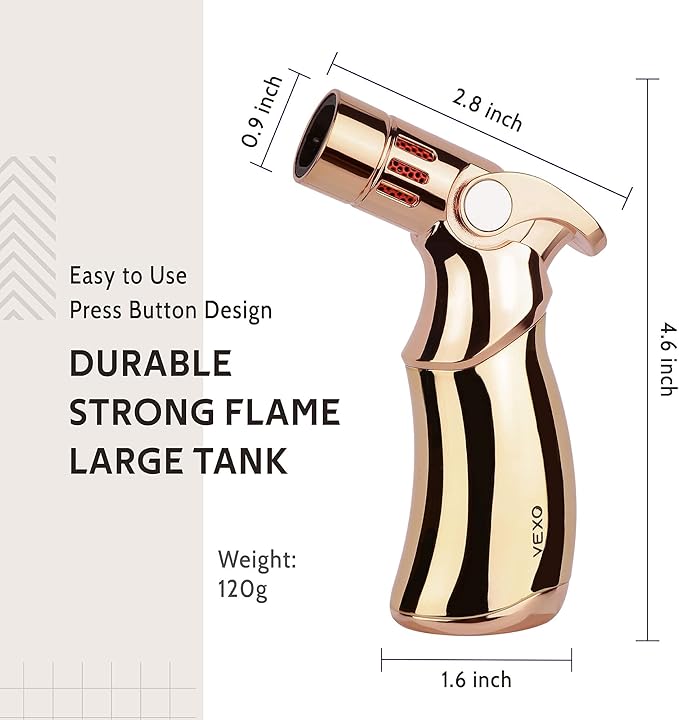 VEXO-Mini4 Torch Lighter Quad 4 Jet Flame Windproof Butane Refill Portable Lighter for Grill BBQ Candle Camping, Gift Idea (Butane NOT Included) (Glod)