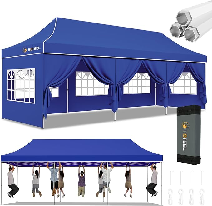 Hoteel 10x30 Pop Up Canopy Tent Heavy Duty with 8 Sidewalls, Waterproof Party Tent, Easy Set-up Commercial Instant Tents with Hand Bag, Rope & Nail, Hexagonal Leg (1-Year Warranty)